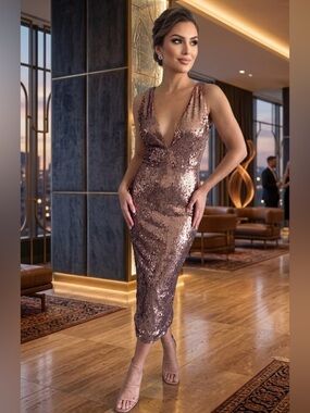 Akira Chicago Black Label Sleeveless Sequin Midi Dress in Rose Gold Sz M
